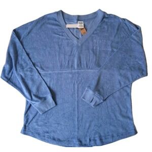 Victorias Secret PINK Shirt Large Terry Long Sleeve Blue Loose NWT Varsity Beach